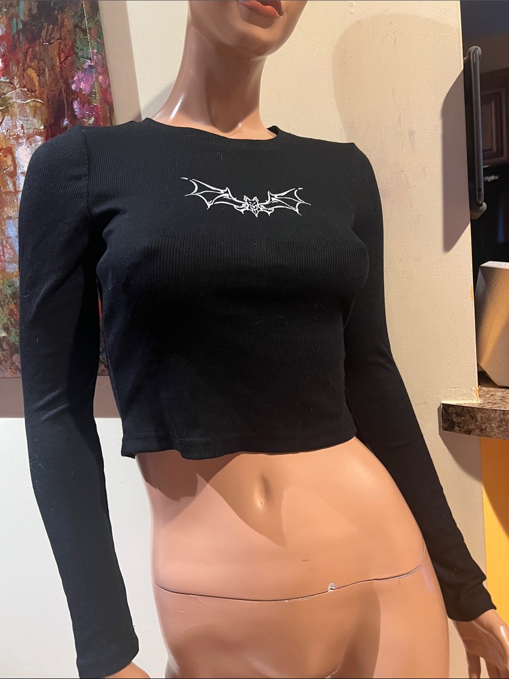 Goth Black Ribbed Long-Sleeve S Crop Top with White Bat Motif nwot